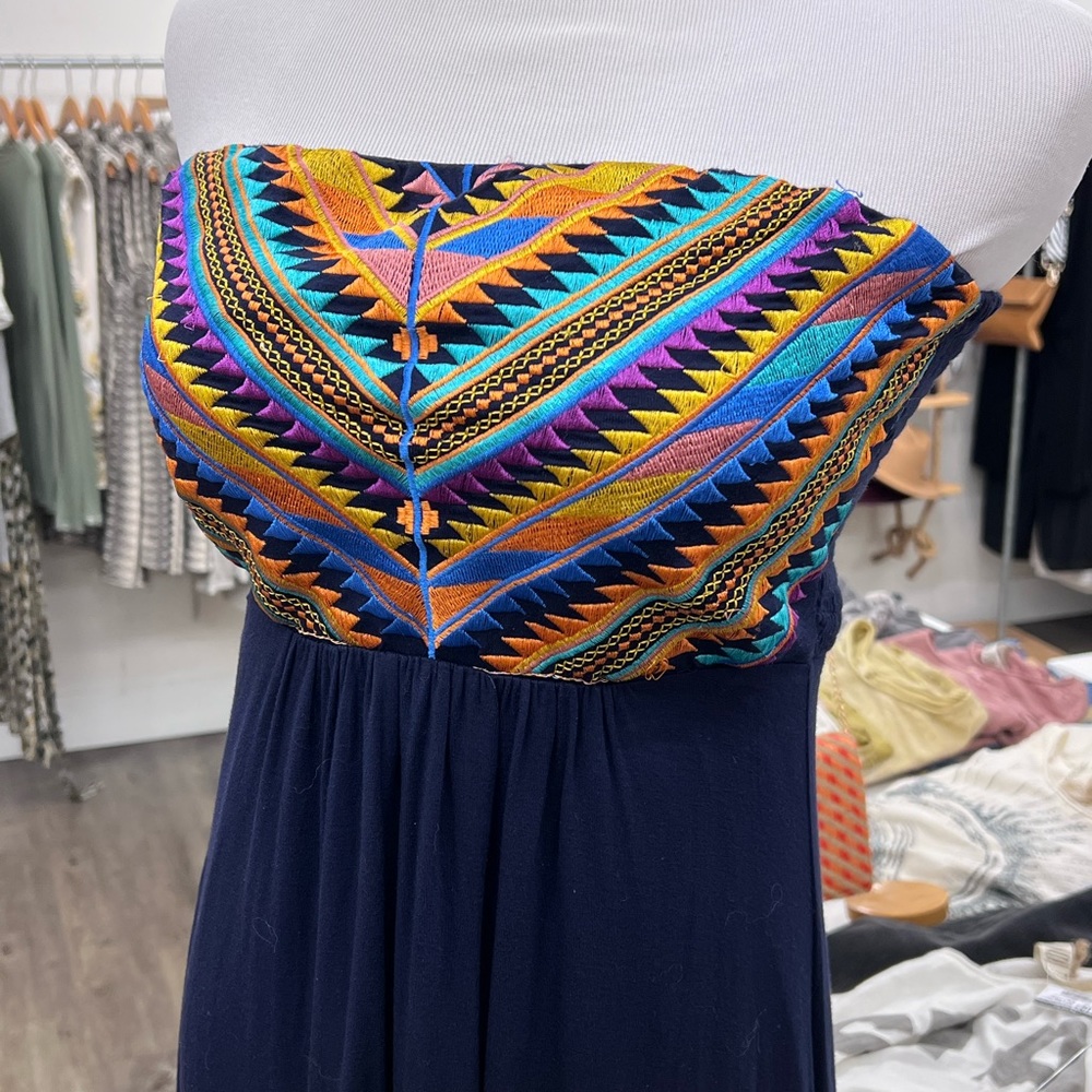 MINT boho strapless maxi dress-navy blue with embroidered top